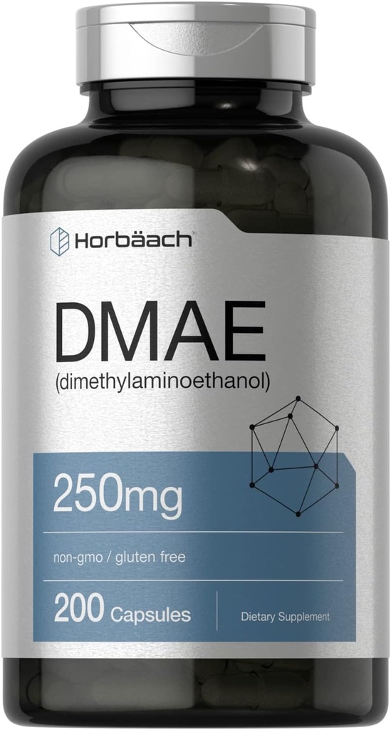 Supplément Horbaach DMAE : 250 mg 200 Capsules, sans OGM, sans gluten