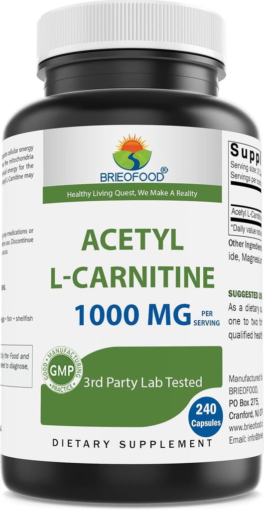 Brieofood acétyl L-Carnitine 1000 mg par portion- 240 capsules. Sans gluten, sans OGM.