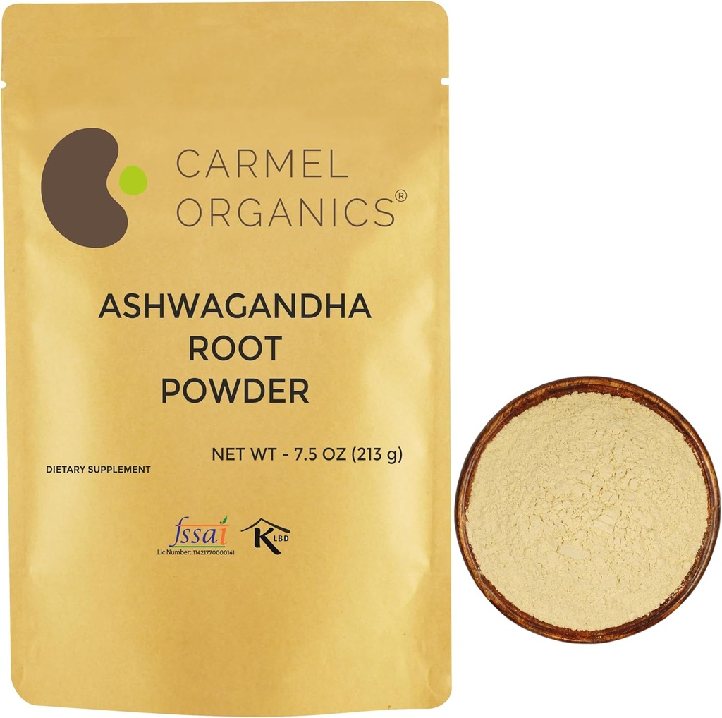 ORGANISMES DE CARMEL Poudre de racine d'Ashwagandha 7,5 Ounce, sans OGM et sans gluten, naturel, Withania Somnifera, Pas de conservateurs ajoutés, directement provenant des agriculteurs indiens