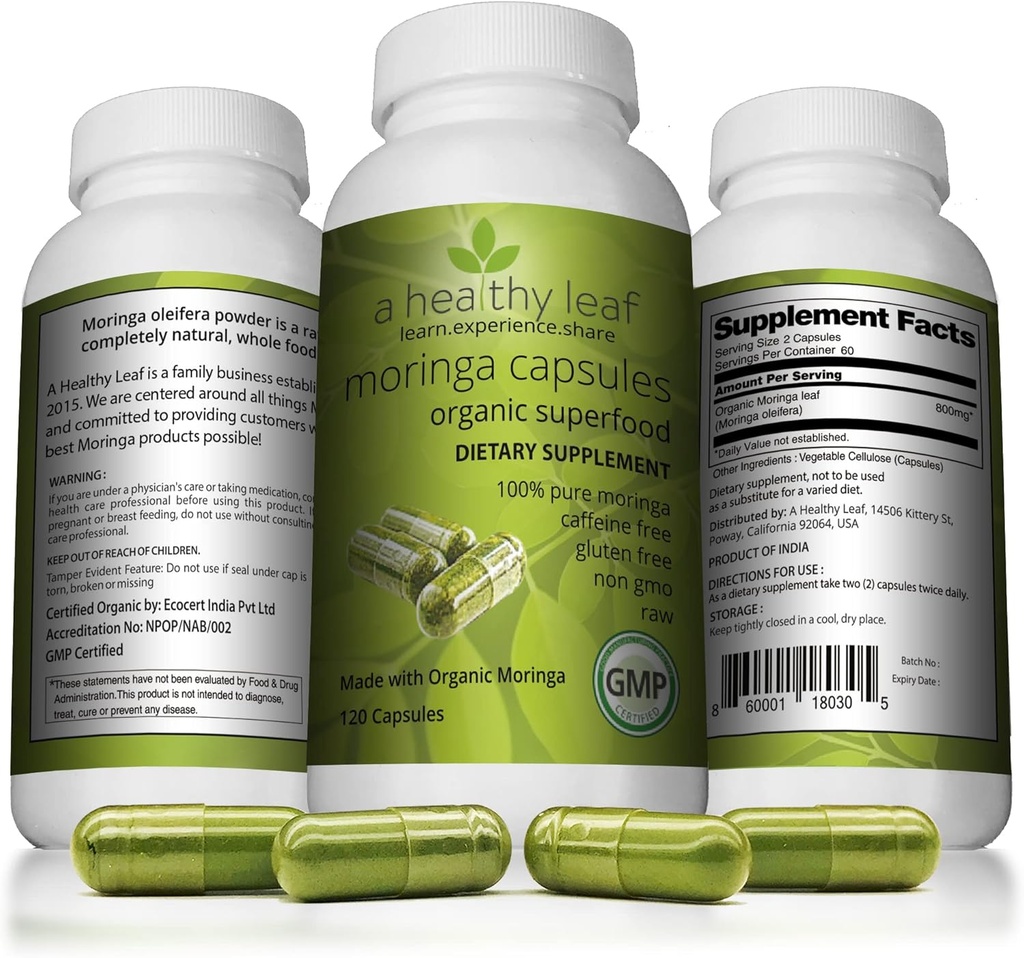 A Healthy Leaf Organic Moringa Capsules - Vibrant Green | Moringa Capsules Organic | 100% Pure Moringa Leaf Capsules | Energy & Immune System Support