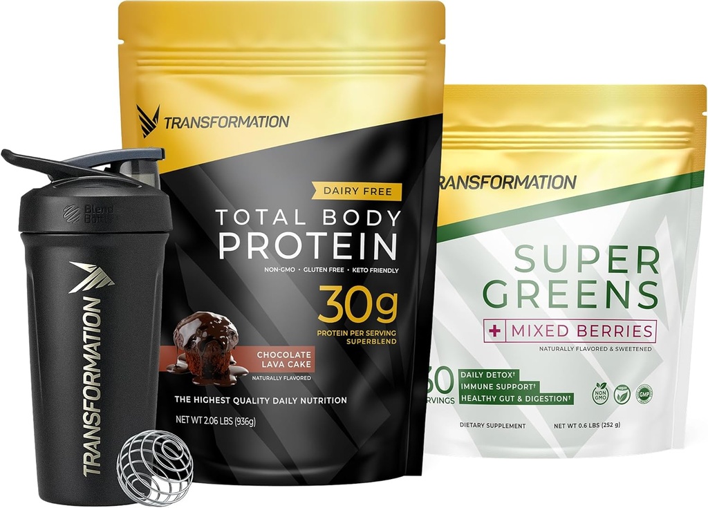 Transformation Chocolate Protein Powder, Super Greens Superfood Green Juice Powder and Performance Insulated Shaker Bottle