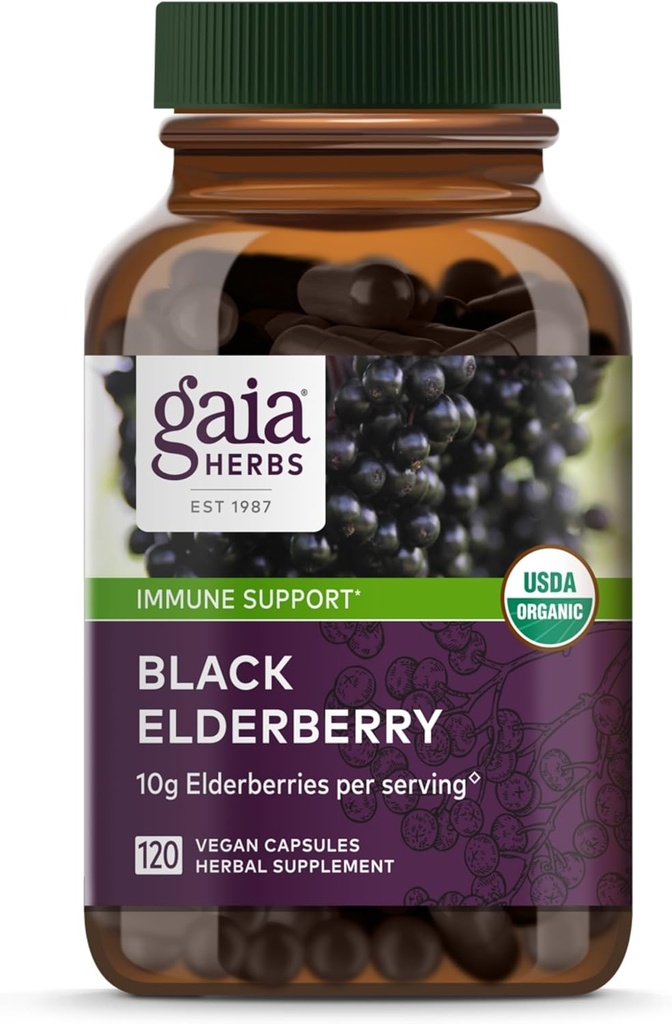 Gaia Herbs Black Elderberry - Supplément quotidien de soutien immunitaire pour aider à soutenir le mieux-être - avec les mûres noires et les fruits de l'acérola pour le soutien antioxydant* - 120 capsules véganes (approvisionnement de 60 jours)
