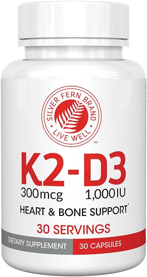 Supplément de vitamine K2-D3 en argent - naturel, non synthétique - K2-7 sous forme de ménaquinone-7 (MK-7) - D3 sous forme de cholecalciferol - Bone, Heart & Energy Support (2 bouteilles - 60 capsules - 60 portions)