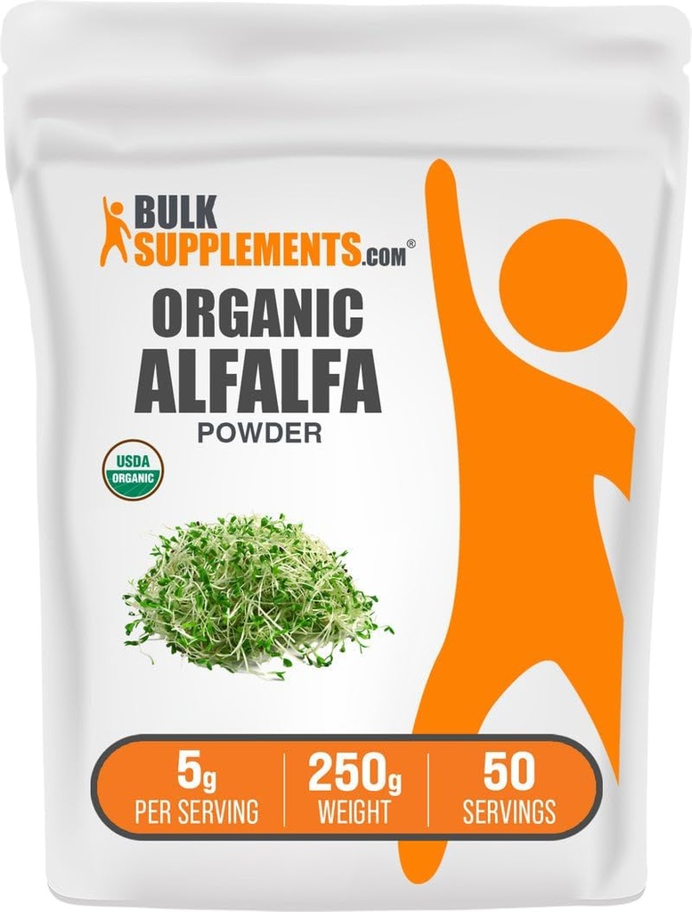 BulkSupplements.com Poudre de graminée d'alfalfa biologique - Supplément d'alfalfa, Poudre de superalimentation verte - Sans végétalien et sans gluten, 5g par portion, 250g (8.8 oz) (paquet de 1)