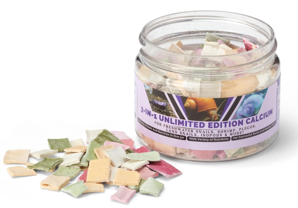 Unlimited Edition Calcium - 3 Flavors in 1 Jar, for Strong Shells, Healthy Molts, 100% Natural, Does Not Dissolve in Water, Fast Sinking for Shrimp, Snails & More! Biologist Made in USA