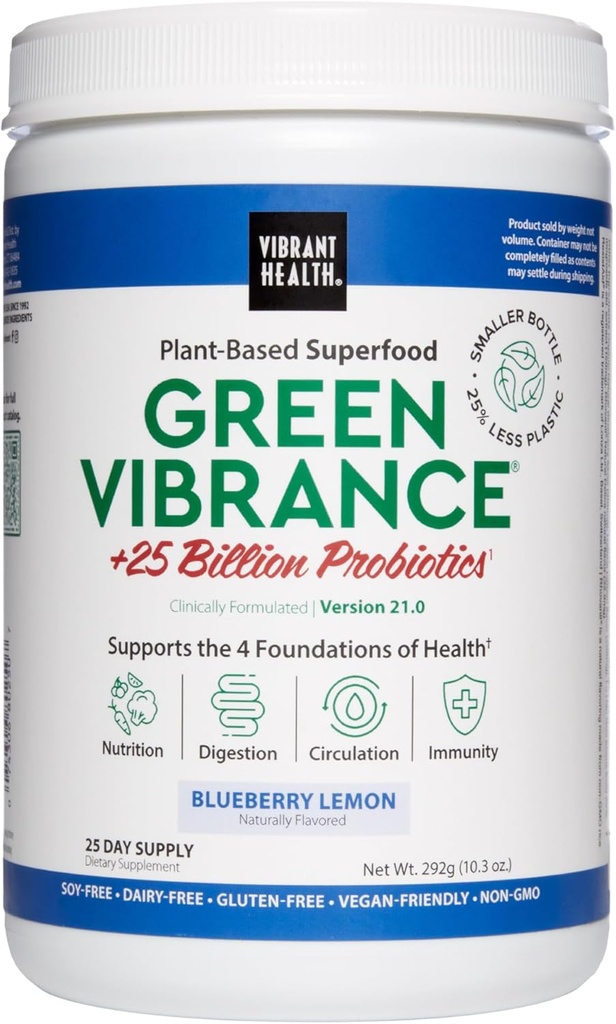 Santé vive, Vibrance verte, Superaliments Poudre avec 70+ aliments végétaux entiers et 25 milliards de probiotiques par portion, Citron de bleuet, 25 portions