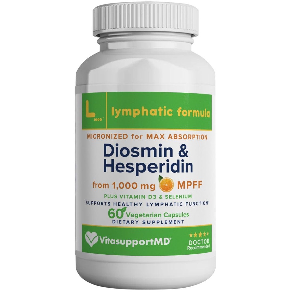 Formule lymphatique, Diosmin Hespéridin 1000mg Supplément de drainage lymphatique, support du système lymphatique et détox, mélange complexe micronisé MPFF avec vitamine D3 et sélénium pour la santé immunitaire, 60 capsules