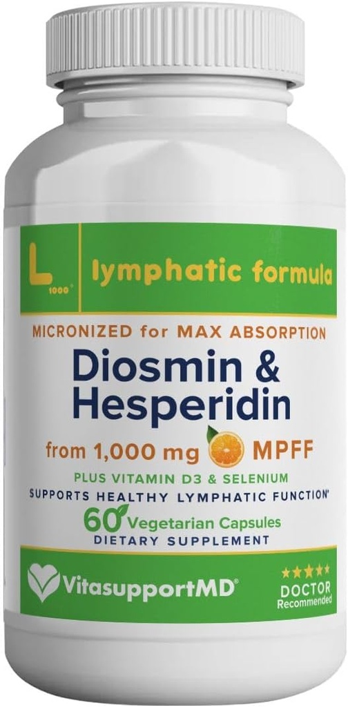 VITASUPPORTMD Formule lymphatique, Diosmin Hespéridin 1000 mg, MPFF Support lymphatique, support du système lymphatique, supplément vitamine D3 et sélénium, 60 capsules
