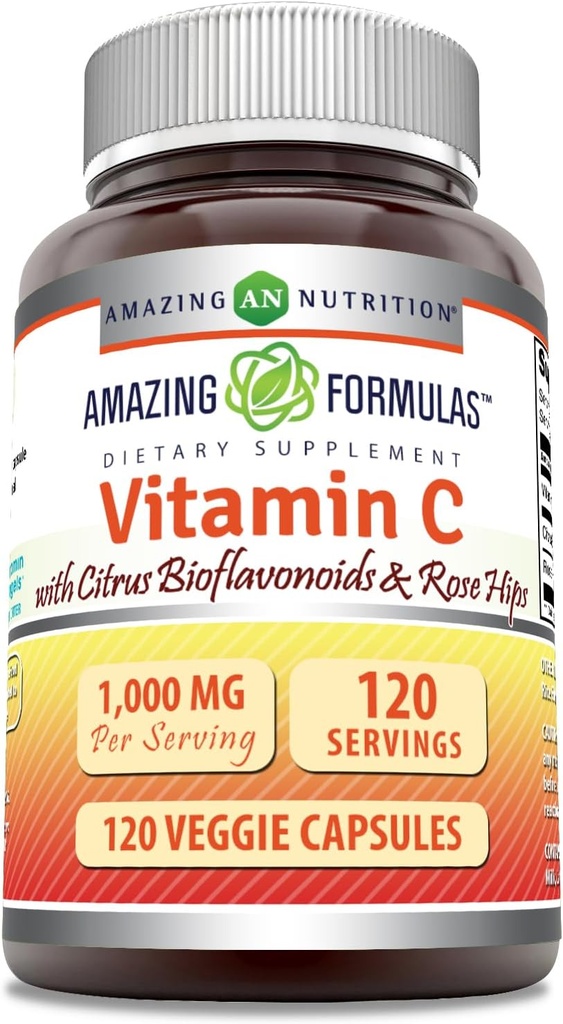 Formules étonnantes Vitamine C (Acide ascorbique) 1000 Mg avec Rose HIPS & Citrus Bioflavonoïdes.