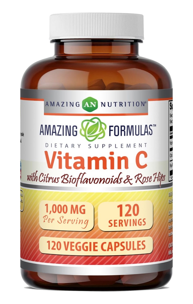 Formules étonnantes Vitamine C (Acide ascorbique) 1000 Mg avec Rose HIPS & Citrus Bioflavonoïdes.