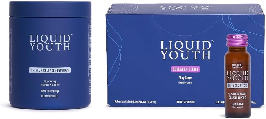 Collagène Peptides Poudre et Collagène liquide très sec pour les femmes et les hommes - Type I & III Premium Herbacé Bovin et Collagène marin - pour la croissance des cheveux, la peau, les ongles, les os et la santé articulaire (40 portions)