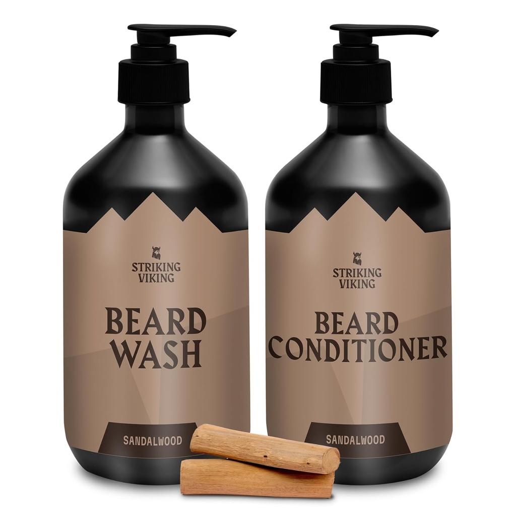 Ensemble de soins Viking Beard (Sandalwood) - Shampooing sans paraben et sulfate avec huile de jojoba - Deep Clean pour tous les types de barbe (10oz par bouteille)