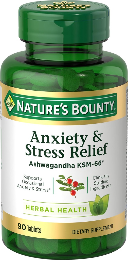 Nature's Bounty Stress Relief, Ashwagandha KSM-66, Supports Occasional Stress Relief, Dietary Supplement, 2 Tablets per Day, Vegetarian Tablets, Gluten Free, 90 Ct