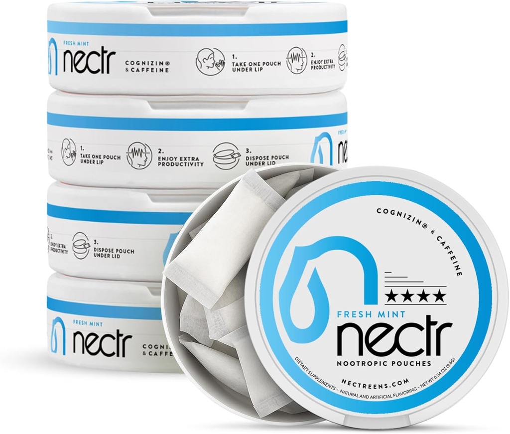 Pochettes Nootropiques Nectr Energy – Aromatisées à la menthe fraîche, Pochettes caféines avec Cognizin® Citicoline. Sans nicotine, sans sucre. Smooth, Sustained Focus & Energy Supplément - 5 rondelles de 16pcs