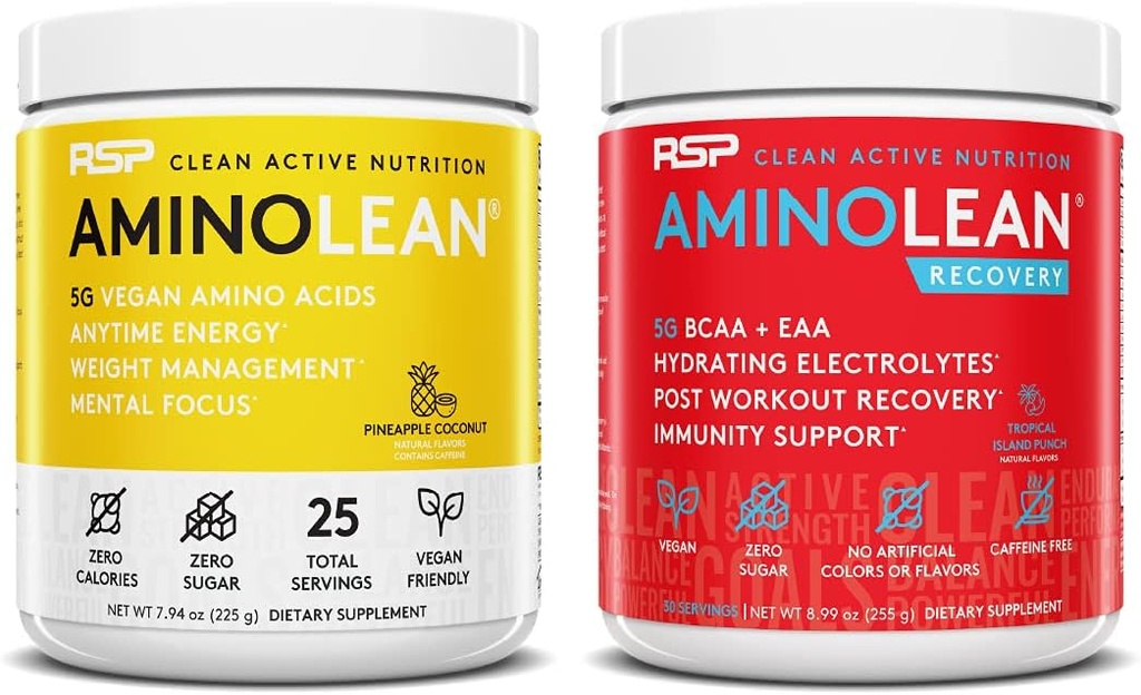 RSP NUTRITION Vegan AminoLean Énergie de pré-entraînement (Pineapple Coconut 25 portions) avec AminoLean Recovery Post Workout Boost (Tropical Island Punch 30 portions)