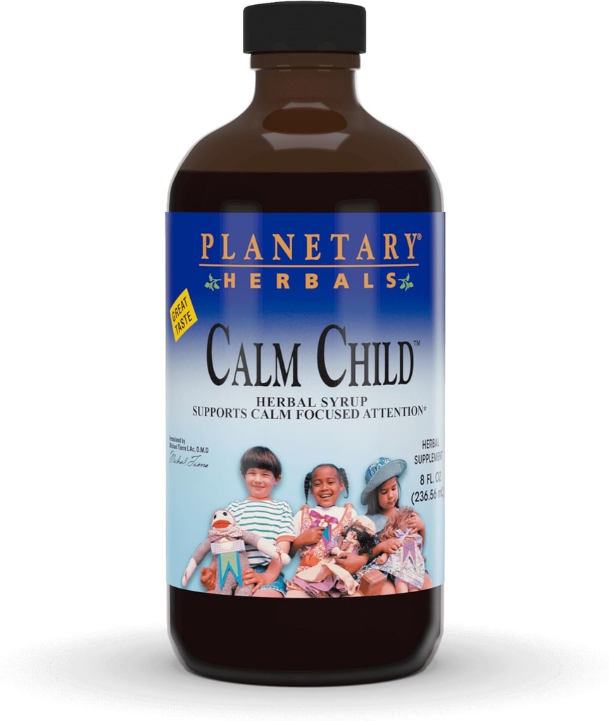 Herbals planétaires Sirop d'herbes d'enfant calme - Comprend des botaniques apaisants Camomille, baume de citron, Catnip et plus - 8oz