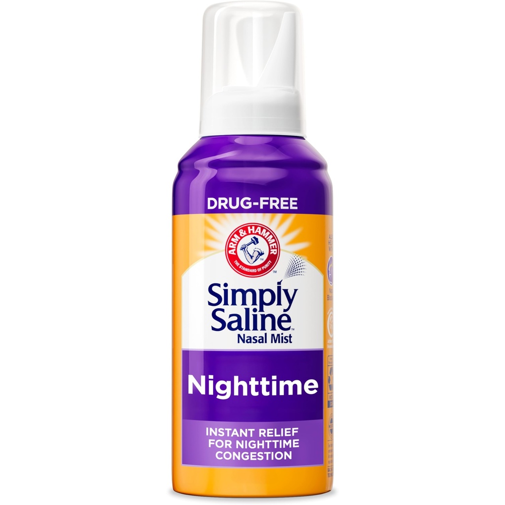 ARM & HAMMER Simply Saline Nighttime Drug-Free Mist pour la congestion nasale la nuit, la force supplémentaire, l'eucalyptus calmant, sans danger à utiliser avec Rx et OTC, pour les adultes et les enfants 2+, 4,6 oz (129 g)