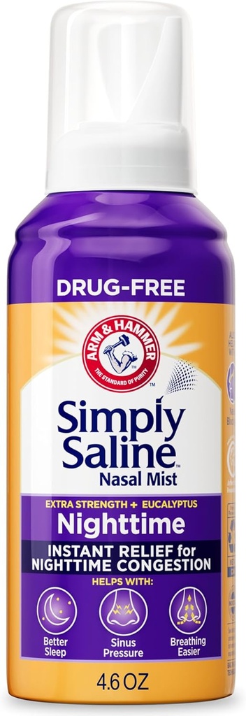 ARM & HAMMER Simply Saline Nighttime Drug-Free Mist pour la congestion nasale la nuit, la force supplémentaire, l'eucalyptus calmant, sans danger à utiliser avec Rx et OTC, pour les adultes et les enfants 2+, 4,6 oz (129 g)