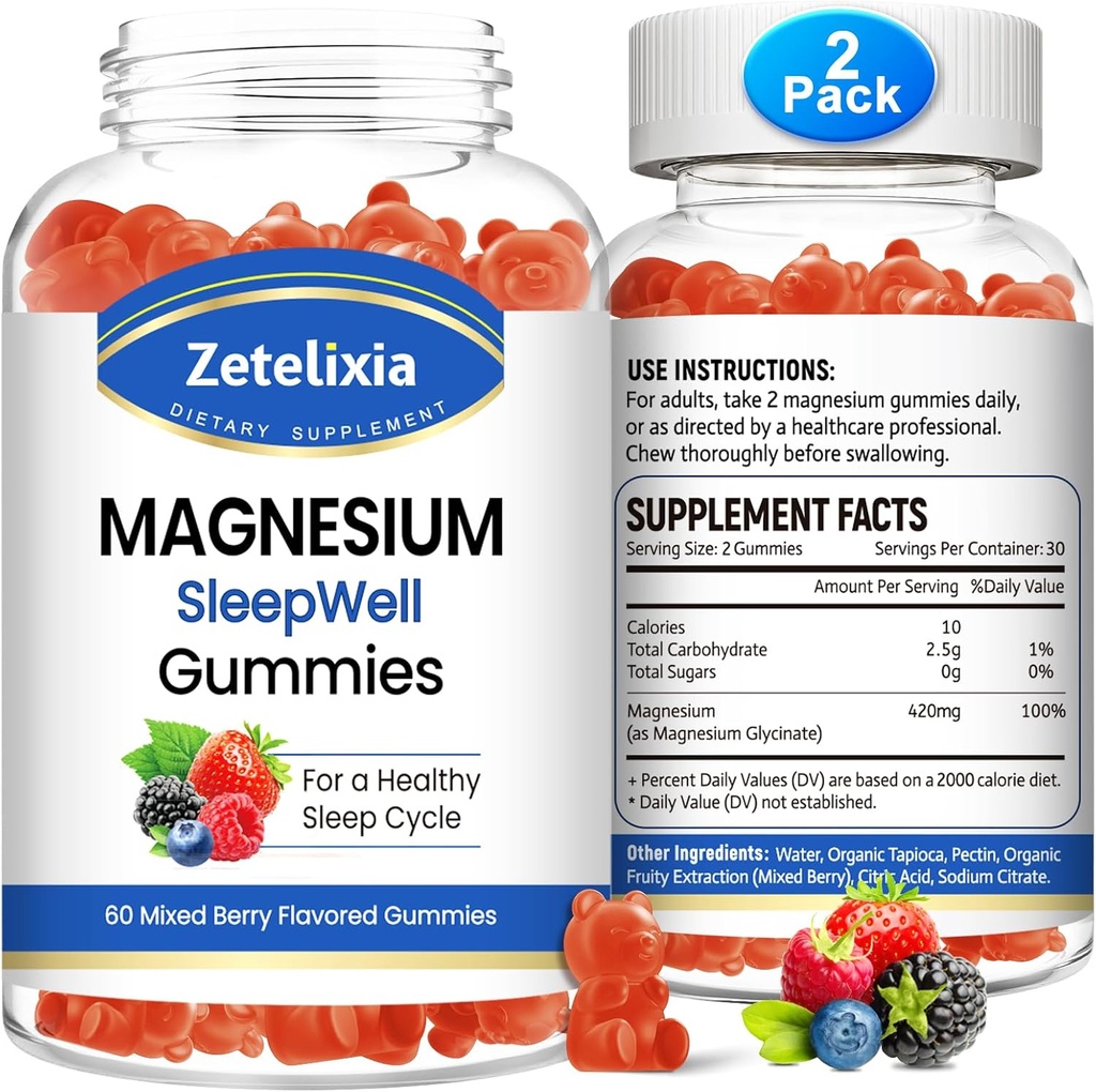 Magnésium Glycinate Gommies, Supplément Magnésium haute absorption pour les adultes Enfants, Relaxation, Cerveau, Muscle & Bone Support, Melatonine Libre, Sans sucre, Mixed Berry Flavor, 120 Cts