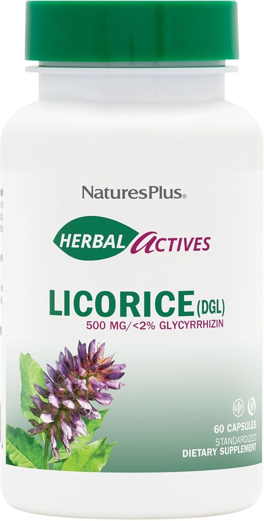 NaturesPlus Herbal Actives Licorice (DGL) 500 mg - 60 Capsules, Pack of 2 - Supports Healthy Digestion & Overall Well-Being - Vegetarian, Gluten Free - 120 Total Servings