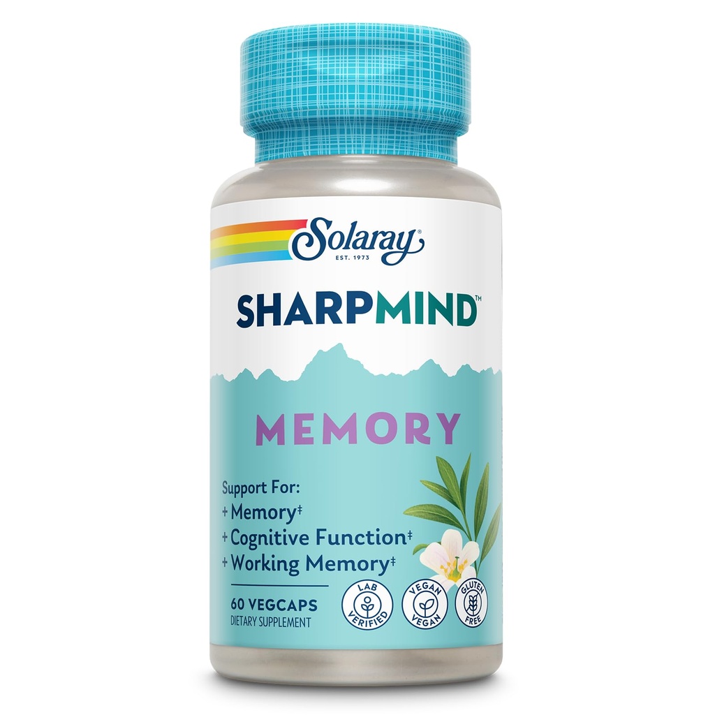 SOLARAY SharpMind Memory Formula - Suppléments Cerveau pour Mémoire et Focus - Supplément Champignon Cognivia, Gotu Kola et Chaga - Ginkgo Biloba Alternative - Garantie de 60 jours - 30 portions, 60 VegCaps