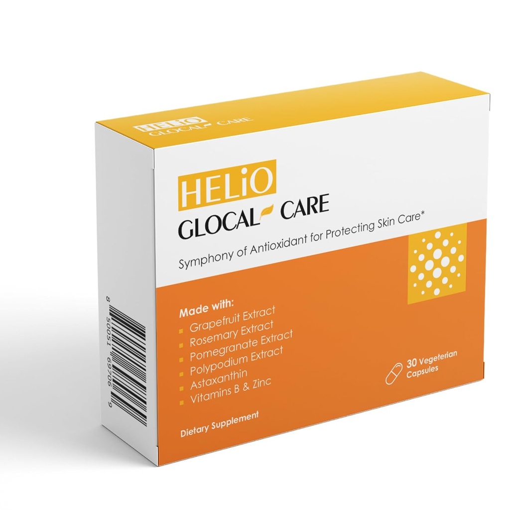GlocalCare Helio – Antioxydant-Rich Sun Defense & Skin Rejuvenation Supplément avec Polypodium, Nutroxsun, Astaxanthin & Extrait de grenade - Luttes Photoaging & Stress oxydatif - (30 Capsules)