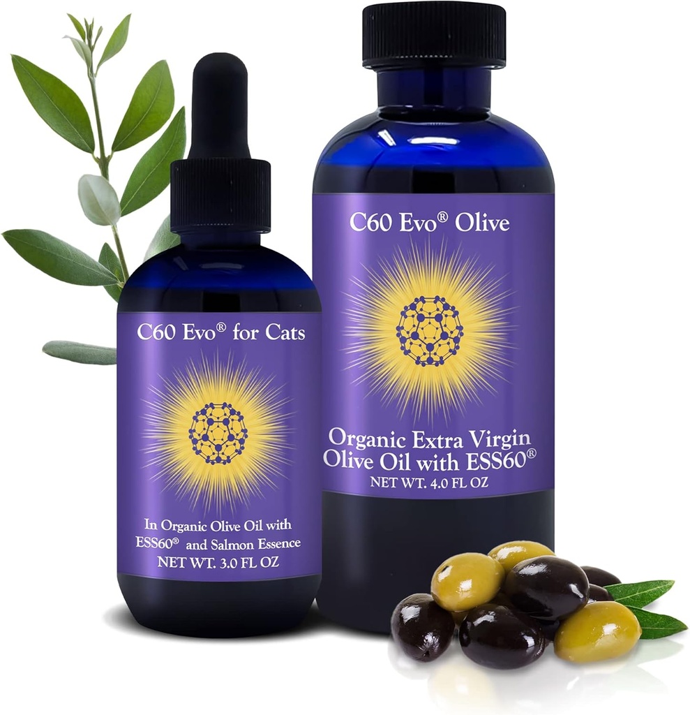 C60 Evo Cat Lover Set, 2 bouteilles de pur ESS60 en huile d'olive vierge extra, 1 pour les humains et 1 pour les félines, les suppléments de chat infusés d'essence de saumon naturel, les aliments pour animaux de compagnie et les produits de chat