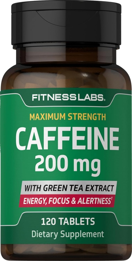 Fitness Labs Pilules de caféine $ 200mg $ 120 Comprimés avec extrait de thé vert $ Supplément de force maximale $ Végétarien, non-OGM, sans gluten