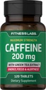 Fitness Labs Pilules de caféine $ 200mg $ 120 Comprimés avec extrait de thé vert $ Supplément de force maximale $ Végétarien, non-OGM, sans gluten