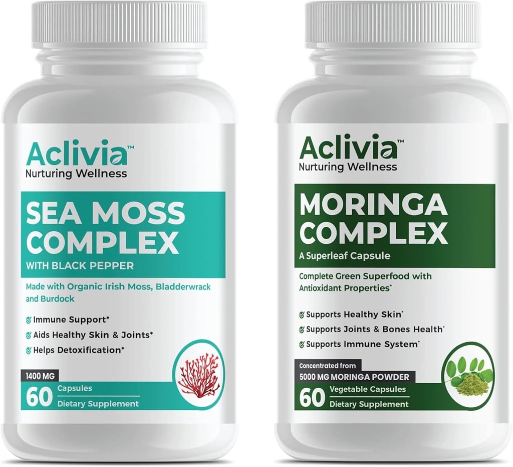Bio Irish Sea Moss & Moringa Bundle - Capsules de mousse de mer avec Bladderwrack, Burdock Root & BioPerine + Oleifera Feuille et extrait de graines 5000mg - Complexe Superfood Complet - 60 Comptez chaque
