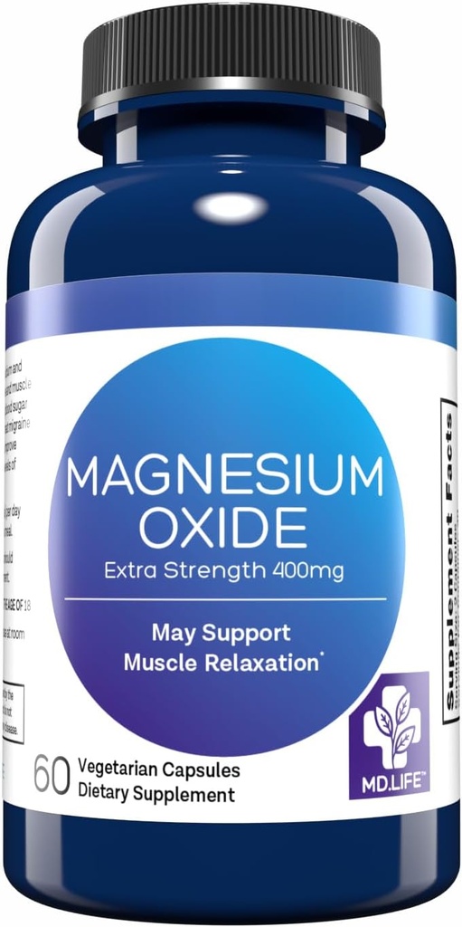 MD. Life Magnésium Oxyde 400mg Capsules - Supplément Magnésium à haute absorption pour les crampes des jambes, le sommeil et la santé vasculaire - 60 Capsules - Pills non OGM pour les femmes
