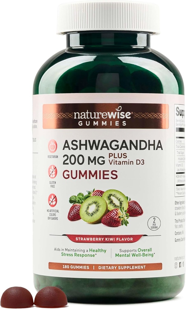NatureWise Ashwagandha Gummies - Kiwi fraisier - KSM-66 avec vitamine D3 - Support d'humeur apaisante - Végétarien - Sans OGM, sans gélatine et sans gluten - 180 Compte[3-Mois]
