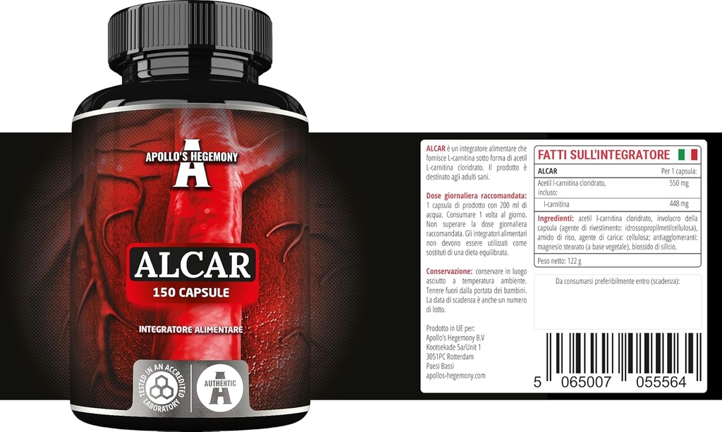 APOLLO'S HEGEMONY acétyl L-Carnitine HCL 550 mg, ALCAR 150 Capsules végétaliennes, 5 mois d'approvisionnement, supplément à l'acide amino à haute résistance, soutient les fonctions cognitives et les niveaux d'énergie