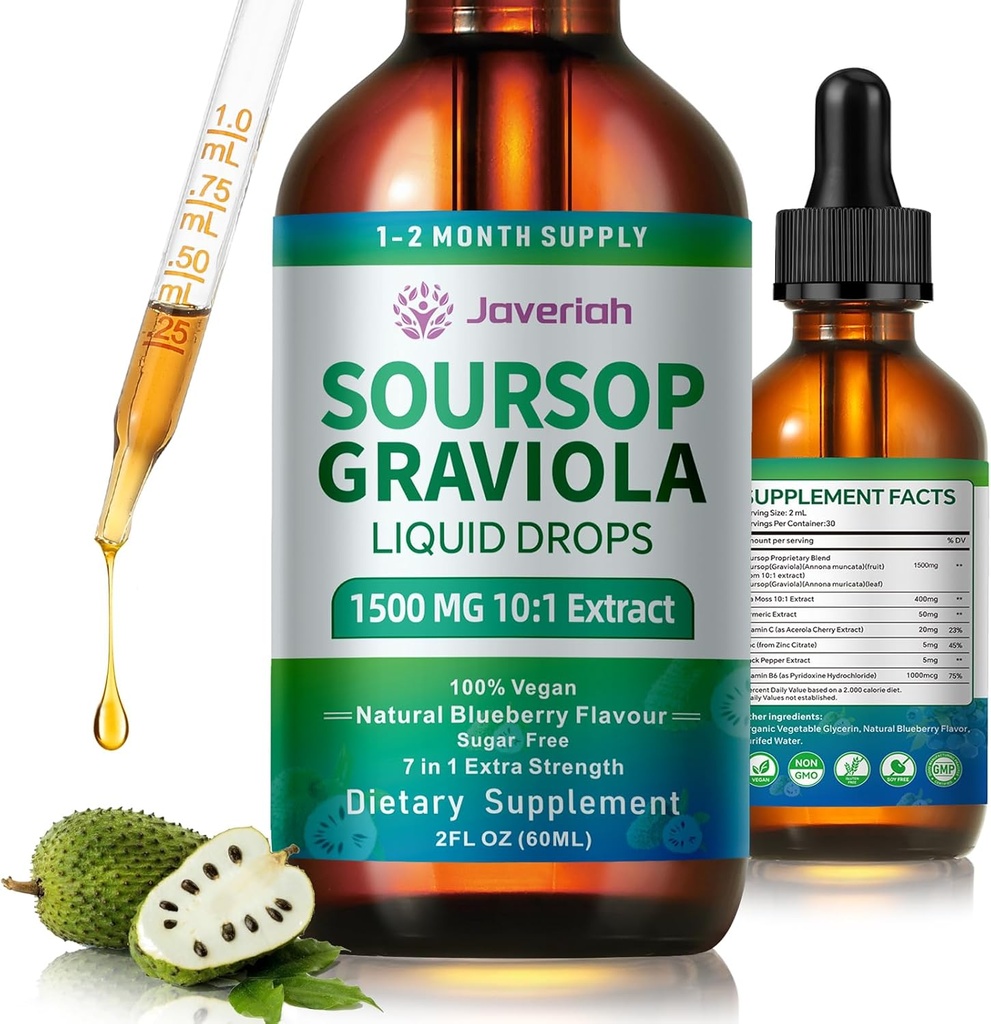 Sursop Graviola Liquid Drops Complement with Sea Moss Extract, Sursop Bitters Liquid for Cell Support & Regeneration, Immunity, Foie, Antioxydant, Graviola Leaves Extract 2 Month Supply 60ML