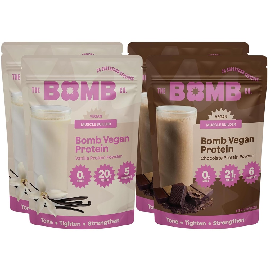 Blender Bombs The Bomb Co. Protéines végétales, Chocolat et poudre de protéines de vanille avec 21g de protéines, acides aminés, sucre zéro, protéines de pois, cacao, graines de chia, vanille et fruits de moine, 60 Srvgs
