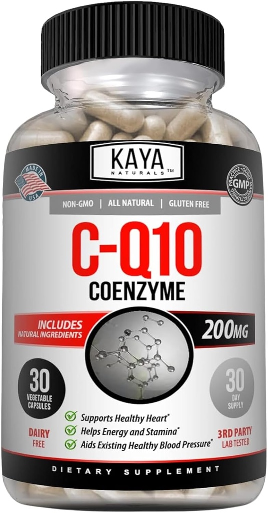 Kaya Naturals - Supplément d'antioxydant de puissance CoQ10 - Aides à la santé cardiaque et à la fonction immunitaire - Restaurer la production quotidienne de cellules et d'énergie - 30 capsules de légumes Co-Q10