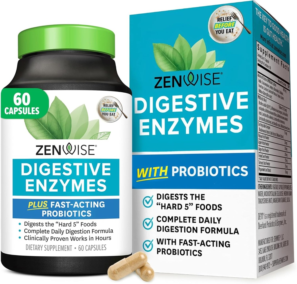 Enzymes digestifs de santé Zenwise pour Gut Health & Bloating Relief - Supplément de digestion multienzymes avec probiotiques, Bromelain & Papaya pour le soutien de la santé digestive - Hommes et femmes - 60 Comte