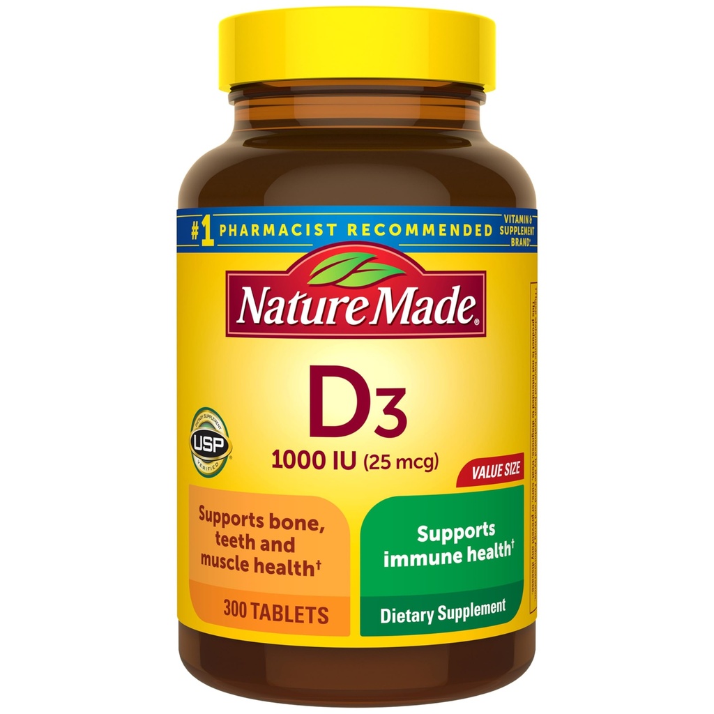 Nature faite vitamine D3 1000 UI (25 mcg), supplément de vitamine D pour os, dents, muscles et immunitaires, 300 comprimés, 300 jours d'approvisionnement