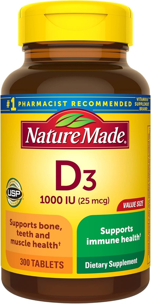 Nature faite vitamine D3 1000 UI (25 mcg), supplément de vitamine D pour os, dents, muscles et immunitaires, 300 comprimés, 300 jours d'approvisionnement
