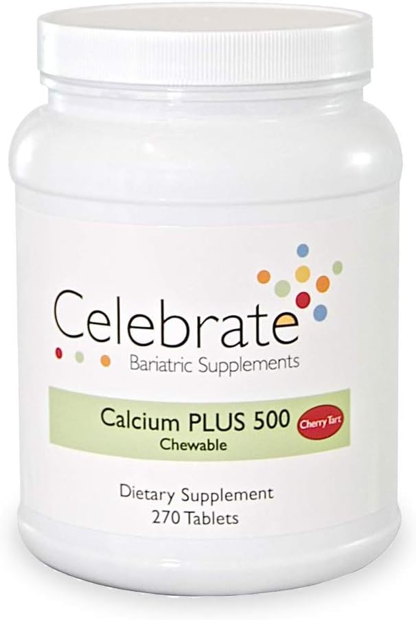 Celebrate Vitamins Calcium Plus - 500mg Calcium Citrate, 333 IU Vitamin D3 & 34mg Magnesium for Post Bariatric Surgery - Gluten-Free & Sugar-Free - Cherry, 270 Chewable Tablets
