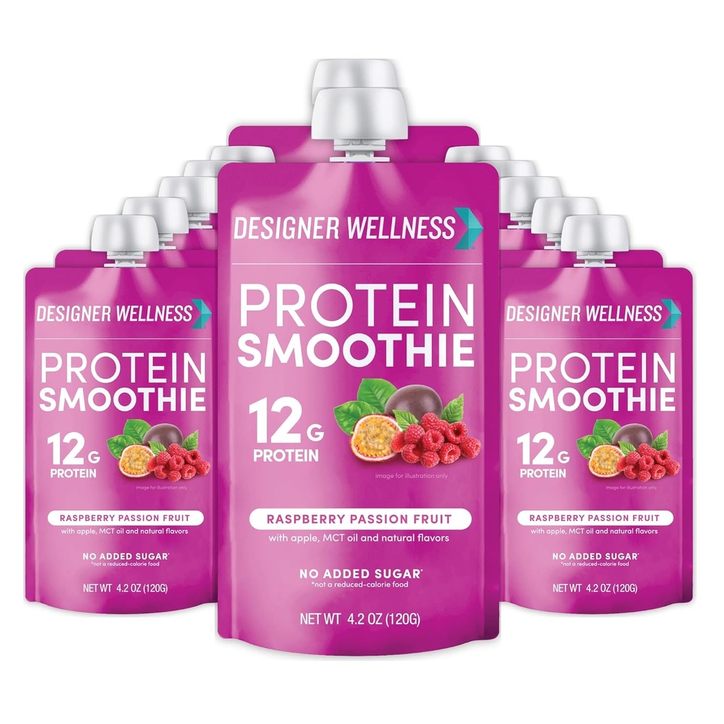 Designer Wellness Protein Smoothie, Real Fruit, 12g Protéines, Faible Carb, Zéro Sucre ajouté, Sans gluten, Non-OGM, Pas de colorants ou d'arômes artificiels, Framboise Passion Fruit, 12 Compte