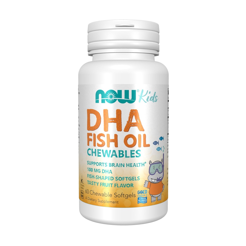 NOW Foods Supplements, DHA Kids 100 mg, Supports Brain Health*, Fruit Flavor, 60 Chewable Softgels, packaging may vary