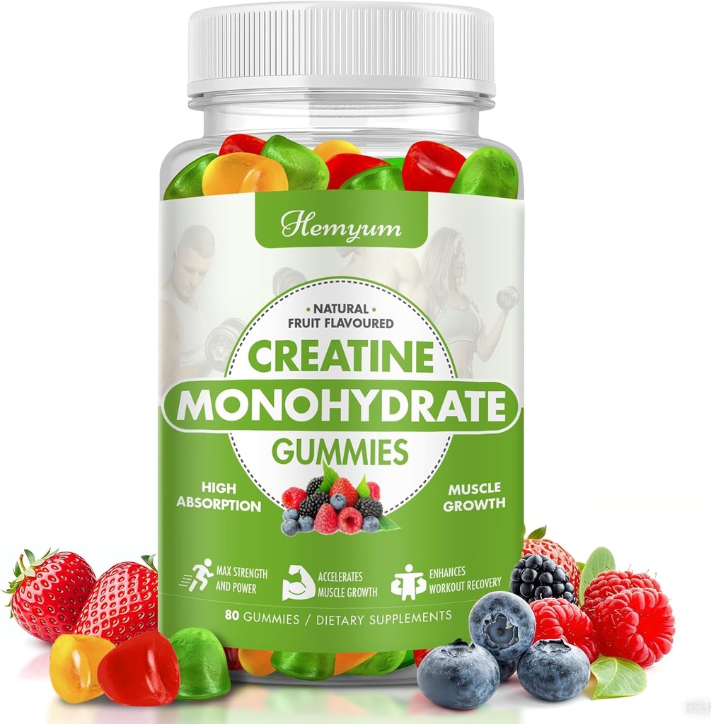 Gommies monohydratées de créatine - 5g de créatine pour femmes hommes, force musculaire accrue, focus boost et endurance, bâtisseur musculaire, L-Taurine + vitamine B12,Vegan, sans gluten 80 Compte
