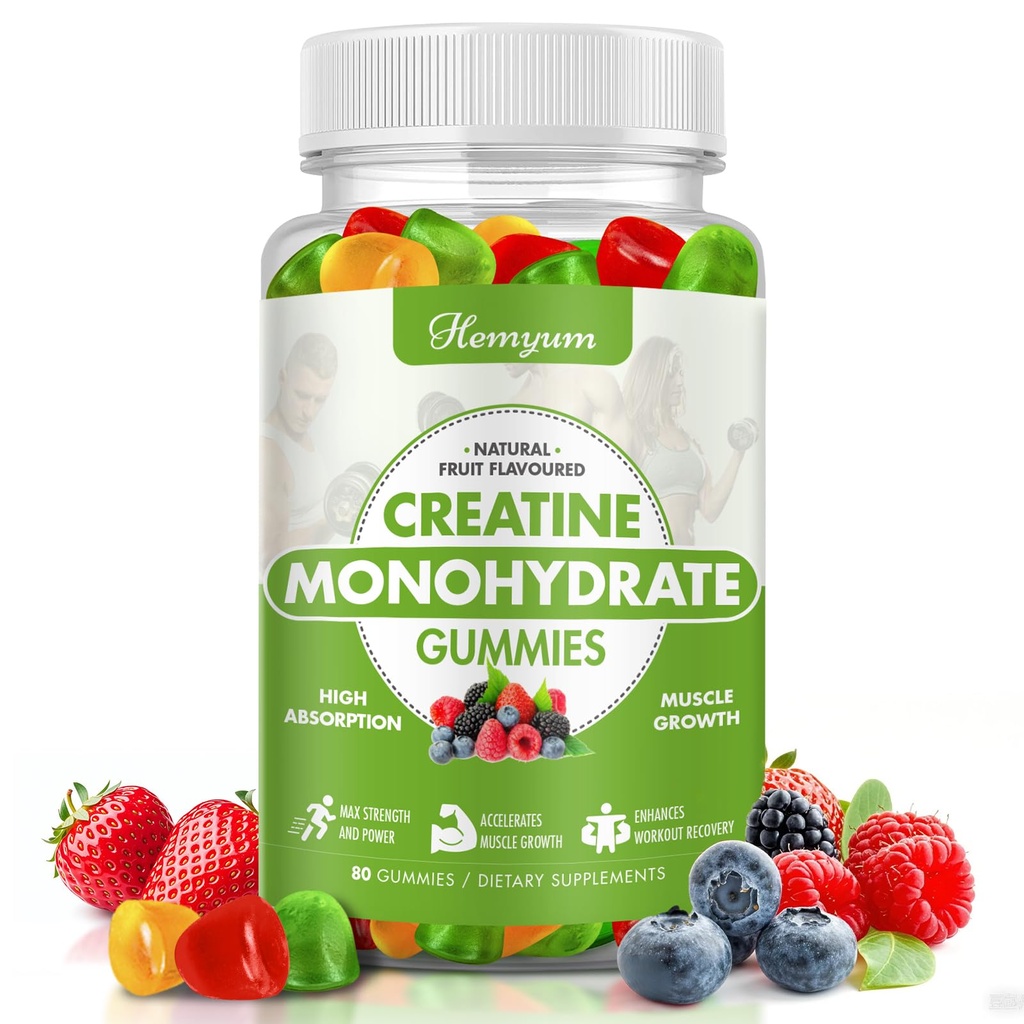 Gommies monohydratées de créatine - 5g de créatine pour femmes hommes, force musculaire accrue, focus boost et endurance, bâtisseur musculaire, L-Taurine + vitamine B12,Vegan, sans gluten 80 Compte