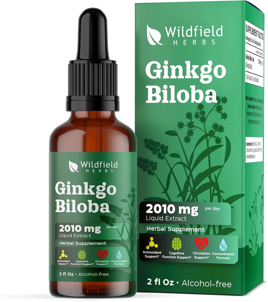 Ginkgo Biloba Extract Drops Liquide 2000mg (Ginkgo biloba L.) Supplément à base de plantes Absorbe mieux que les capsules, 1 mois d'approvisionnement, 84 portions, teinture sans alcool - 2 Oz, boîte de 1