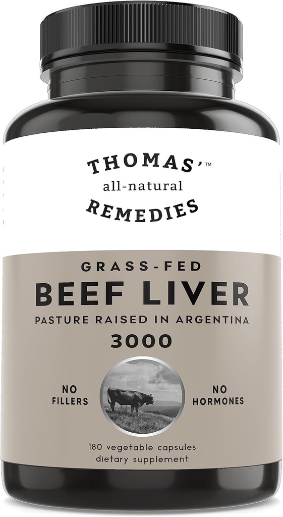 Thomas's all-naturel Remèdes Supplément foie de boeuf gazonné, 3000mg Supplément de soutien du foie, pâturage élevé en Argentine, sans OGM et sans hormones (180 capsules)