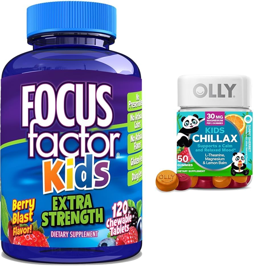 Facteur de focalisation Enfants extra-fort quotidien Chewable Cerveau Soutien à la santé + OLLY Enfants Chillax Calme Chews, 50 Compte