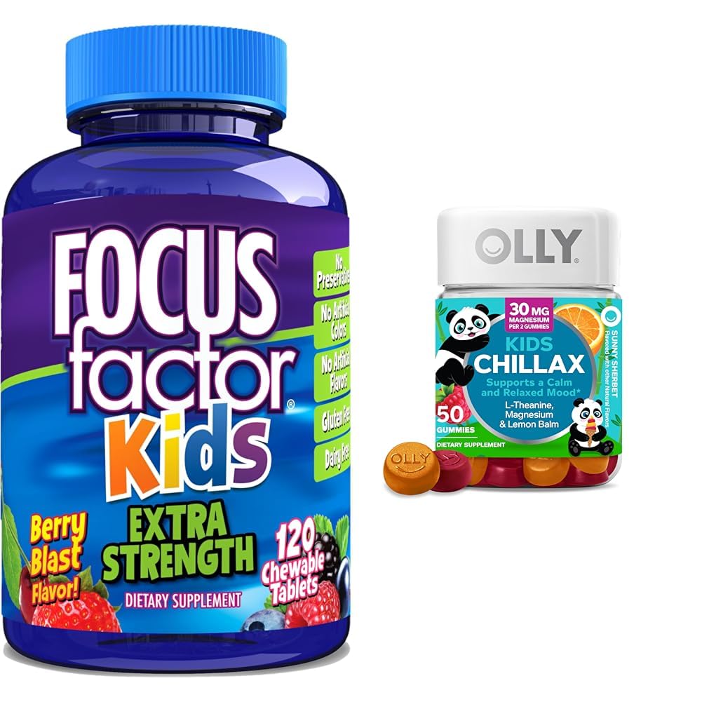 Facteur de focalisation Enfants extra-fort quotidien Chewable Cerveau Soutien à la santé + OLLY Enfants Chillax Calme Chews, 50 Compte