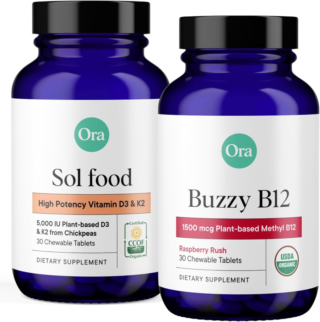 Ora Vitamine biologique D3 5000IU + K2 & Vitamine D3 2000IU Bundle: Vitamine végétale D de lichen et K2 de pois chiches, 30 comprimés à croquer + Vitamine végétale D de lichen pour la santé des os, 30 comprimés végétaliens