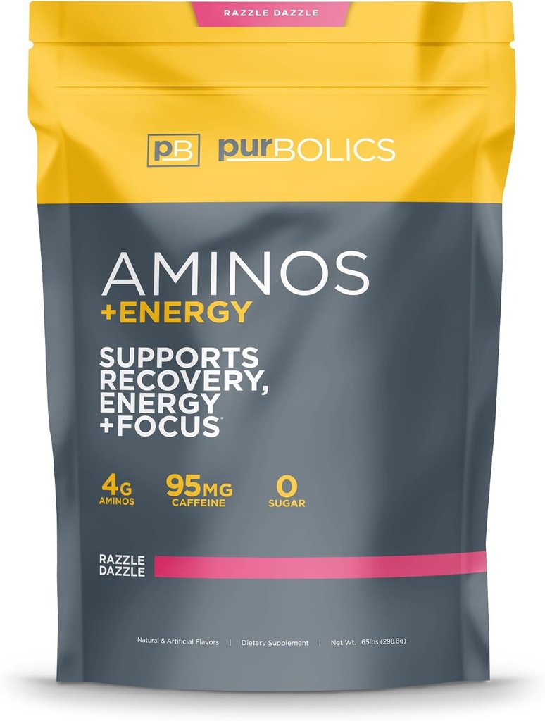 Purbolics Aminos + Énergie , soutient la récupération, l'énergie et la concentration , 95mg de caféine, 0 sucre et 60 portions (Razzle Dazzle)